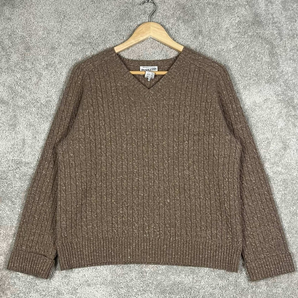 Pendleton Merino Wool Silk Blend Cable Knit V-Neck Sweater Brown Heather Mens M